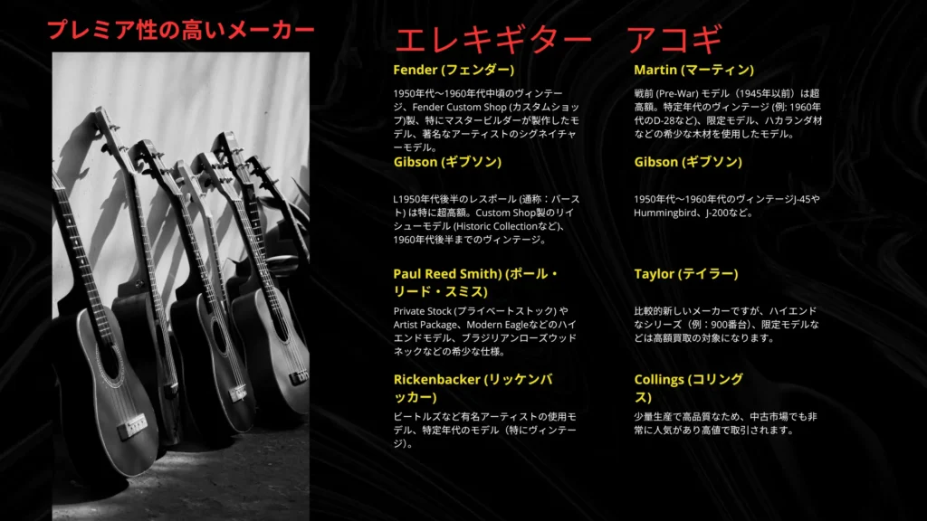 ギター（アコギ・エレキ）プレミア性の高いメーカー