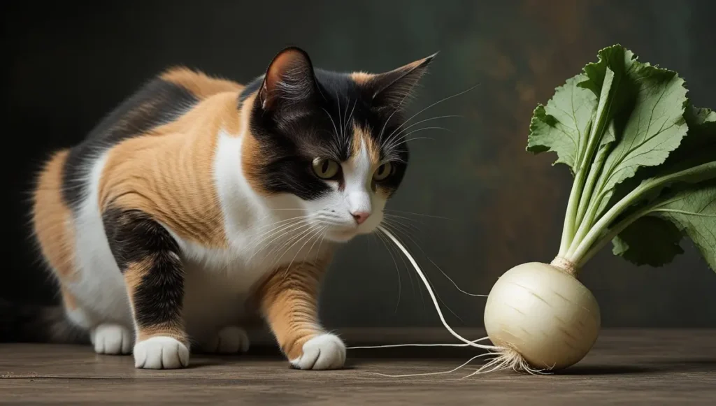 カブを見つめる三毛猫